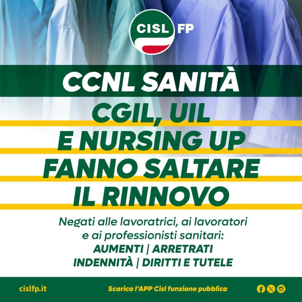 Sanità. CISL FP: “Trattativa per CCNL saltata per responsabilità di Cgil, Uil e Nursing Up. Negati aumenti, arretrati e diritti” 2 Sanità. CISL FP: “Trattativa per CCNL saltata per responsabilità di Cgil, Uil e Nursing Up. Negati aumenti, arretrati e diritti” | Cisl Fp | Funzione Pubblica