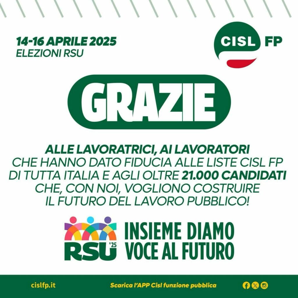 Elezioni RSU 2025: un GRAZIE alle lavoratrici e ai lavoratori da CISL FP 2 Elezioni RSU 2025: un GRAZIE alle lavoratrici e ai lavoratori da CISL FP | Cisl Fp | Funzione Pubblica