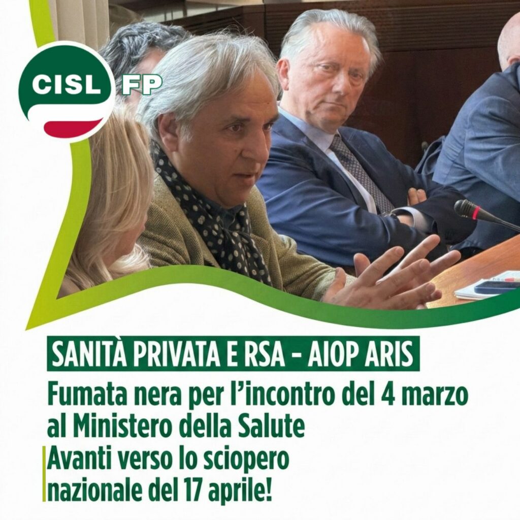 Sanità Privata e RSA. Fp Cgil, Cisl Fp e Uil Fpl: “Fumata nera al Ministero della Salute. Basta melina da Aris e Aiop: il 17 aprile sarà sciopero nazionale” 2 Sanità Privata e RSA. Fp Cgil, Cisl Fp e Uil Fpl: “Fumata nera al Ministero della Salute. Basta melina da Aris e Aiop: il 17 aprile sarà sciopero nazionale” | Cisl Fp | Funzione Pubblica